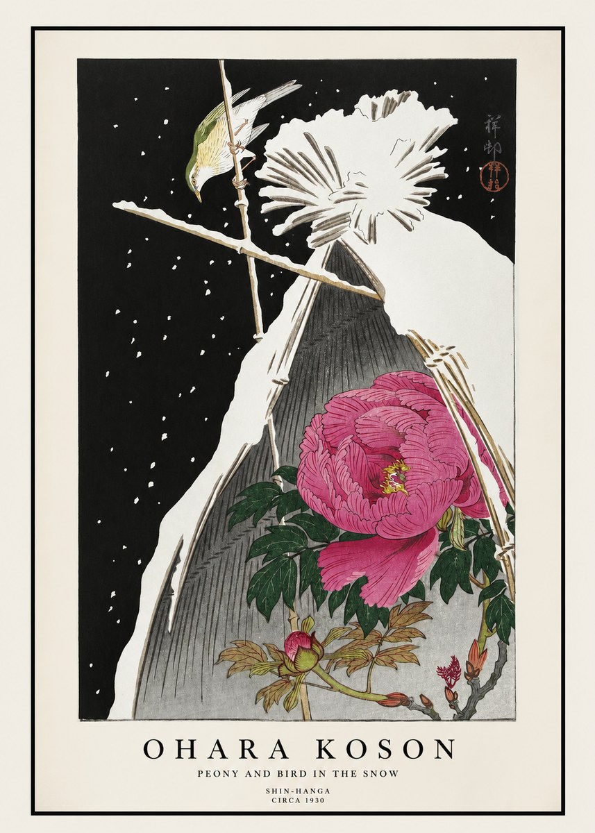 Ohara Koson Peony and Bird in the Snow No1 - Poszter