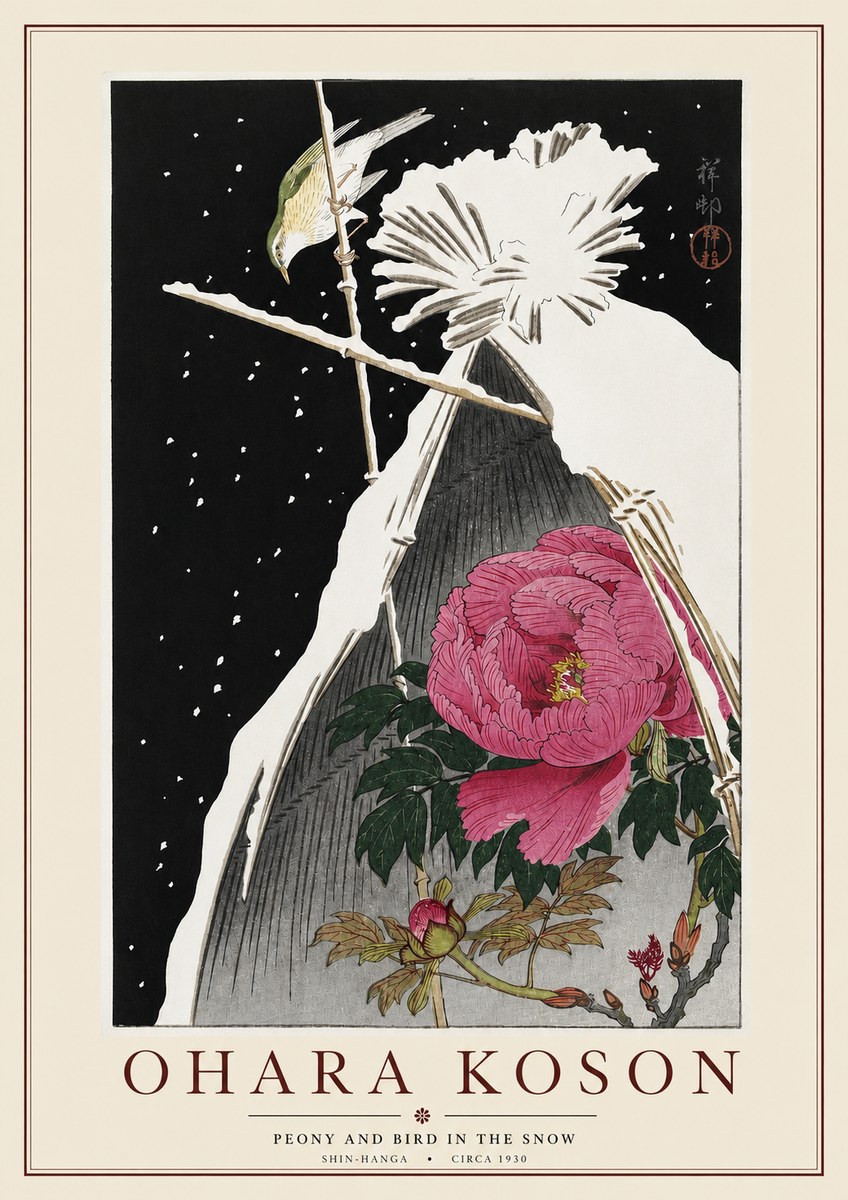 Ohara Koson Peony and Bird in the Snow No3 - Poszter