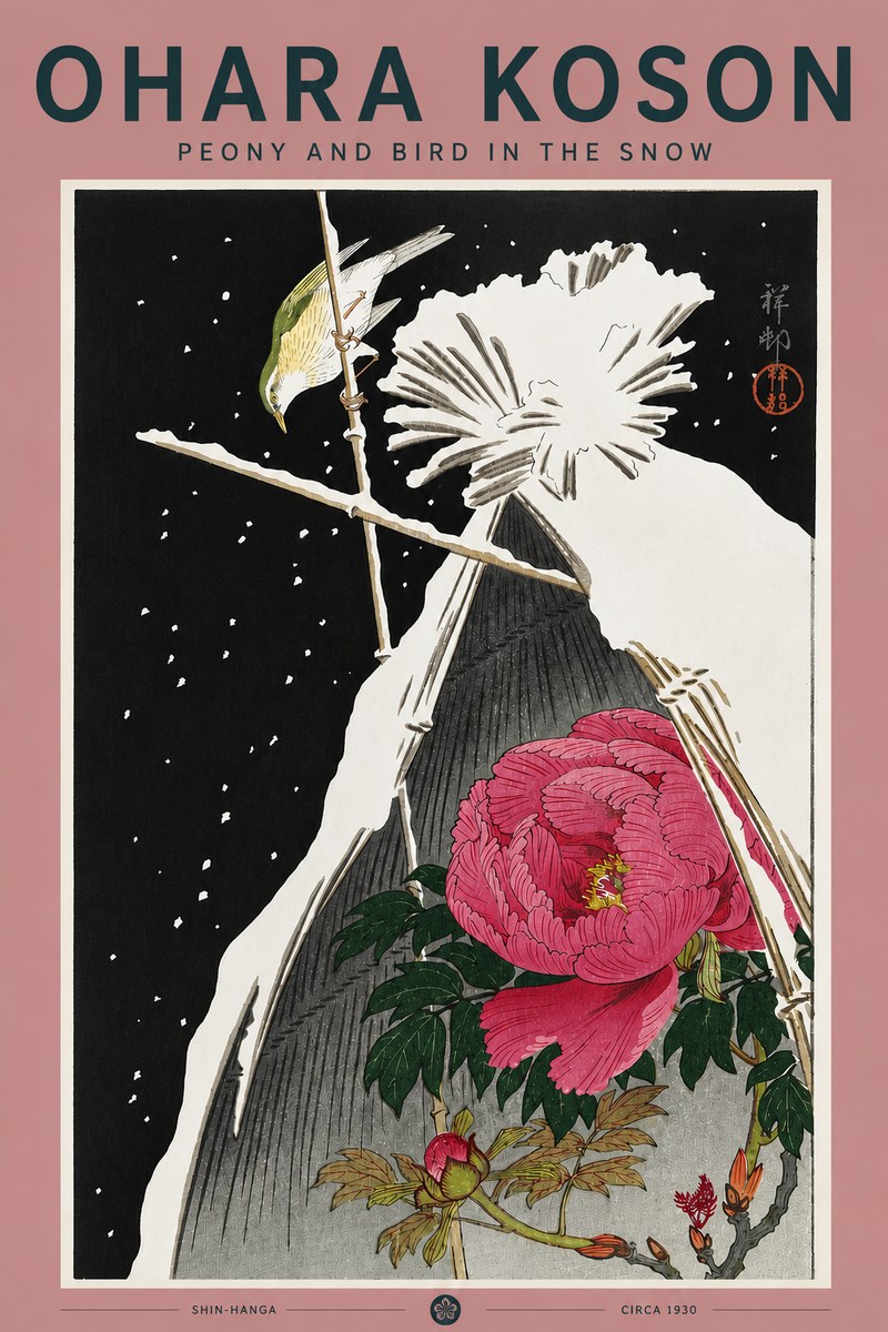 Ohara Koson Peony and Bird in the Snow No5 - Poszter