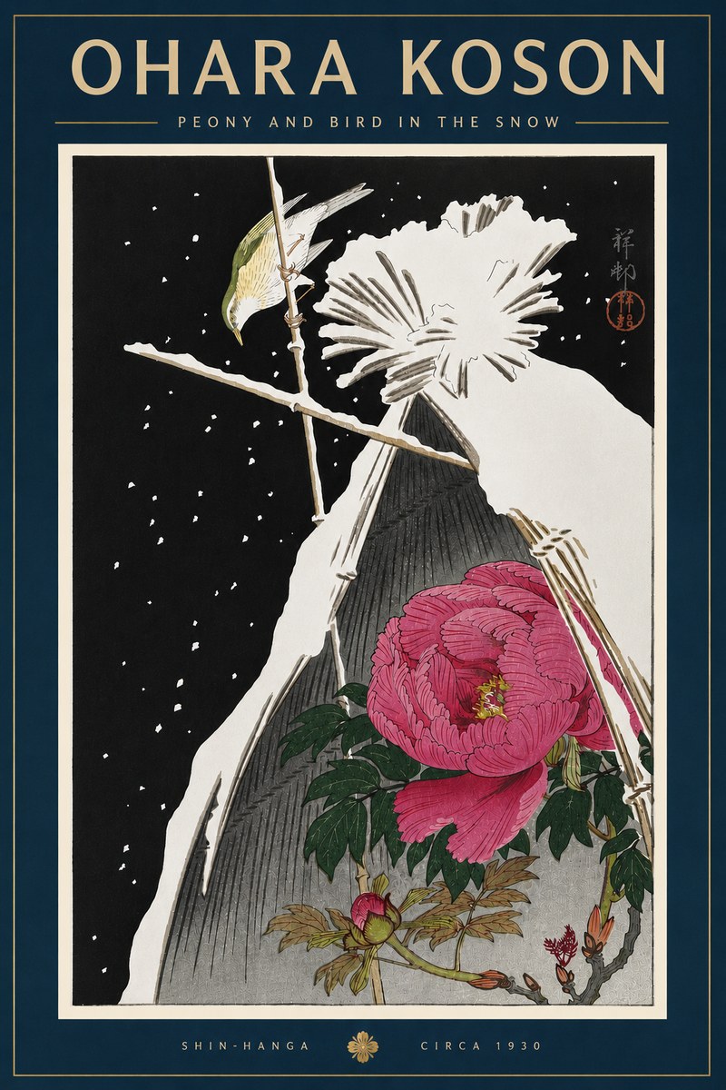 Ohara Koson Peony and Bird in the Snow No6 - Poszter