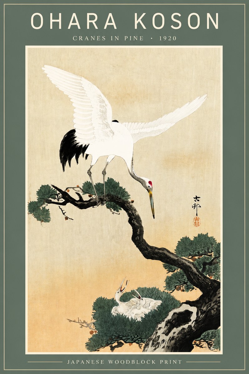 Ohara Koson Cranes in Pine No4 - Poszter