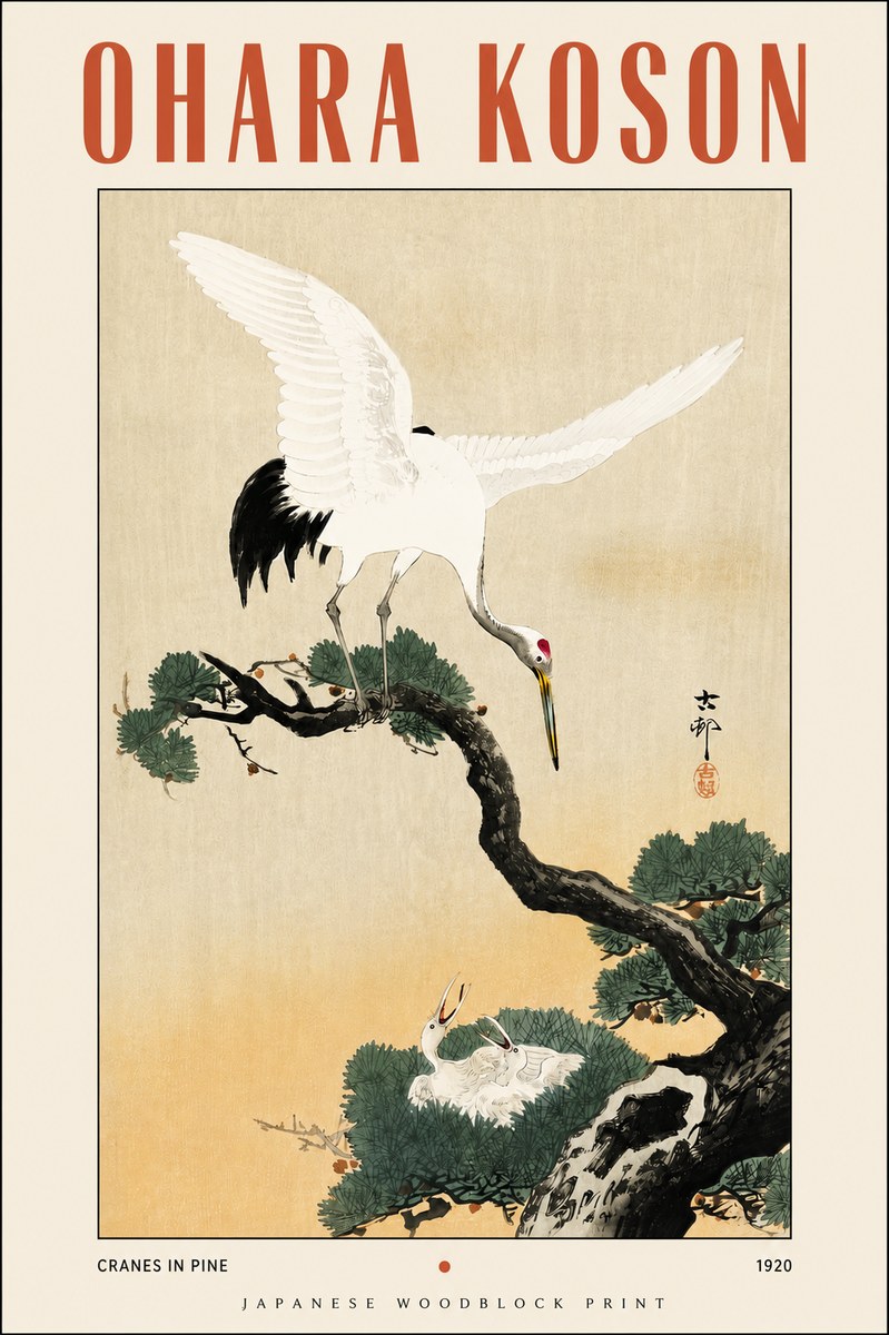 Ohara Koson Cranes in Pine No5 - Poszter