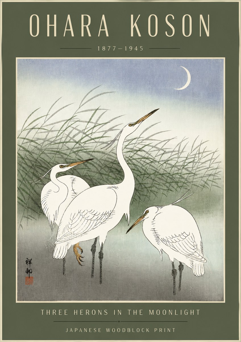 Ohara Koson Three Herons in the Moonlight No4 - Poszter