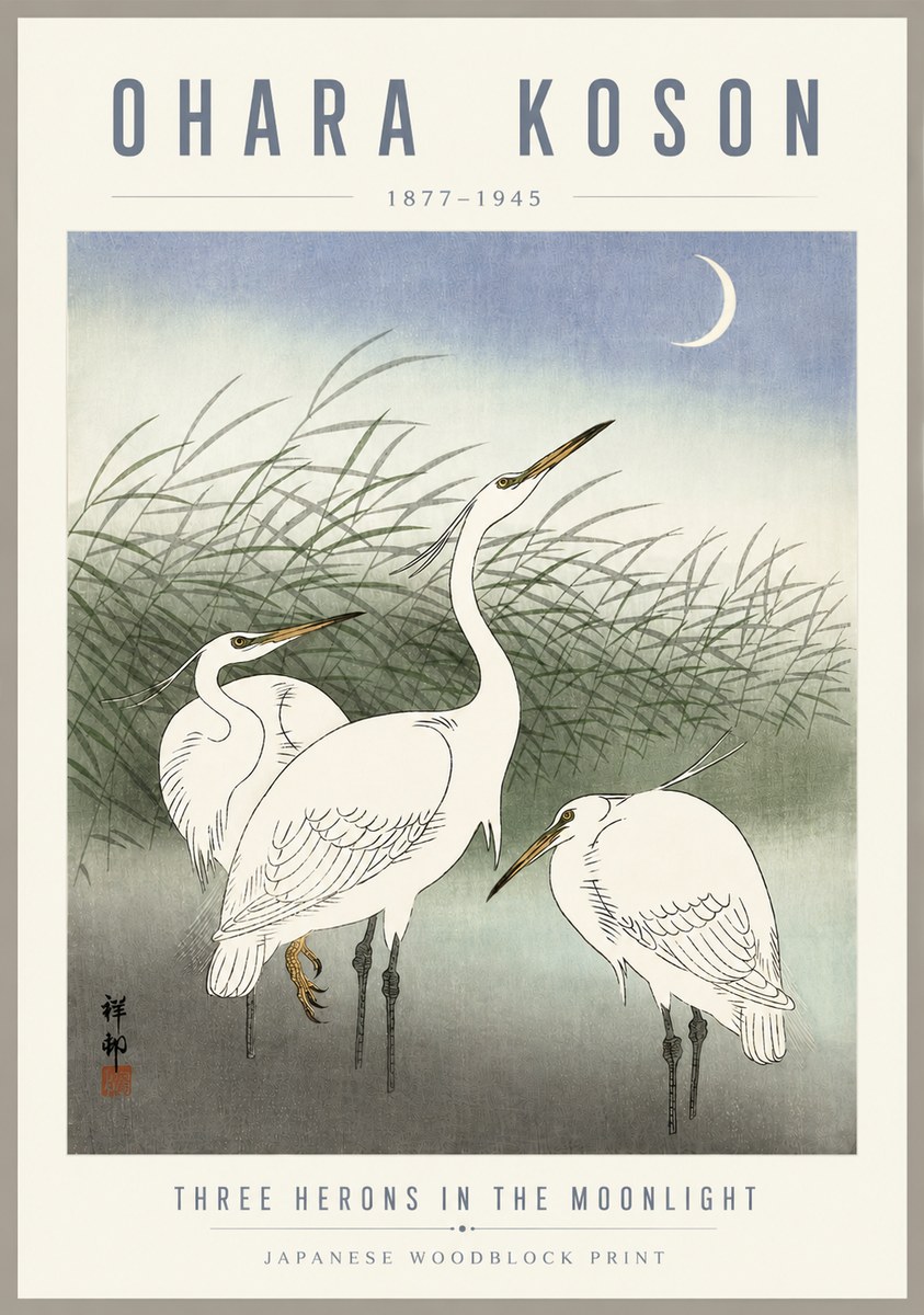 Ohara Koson Three Herons in the Moonlight No5 - Poszter