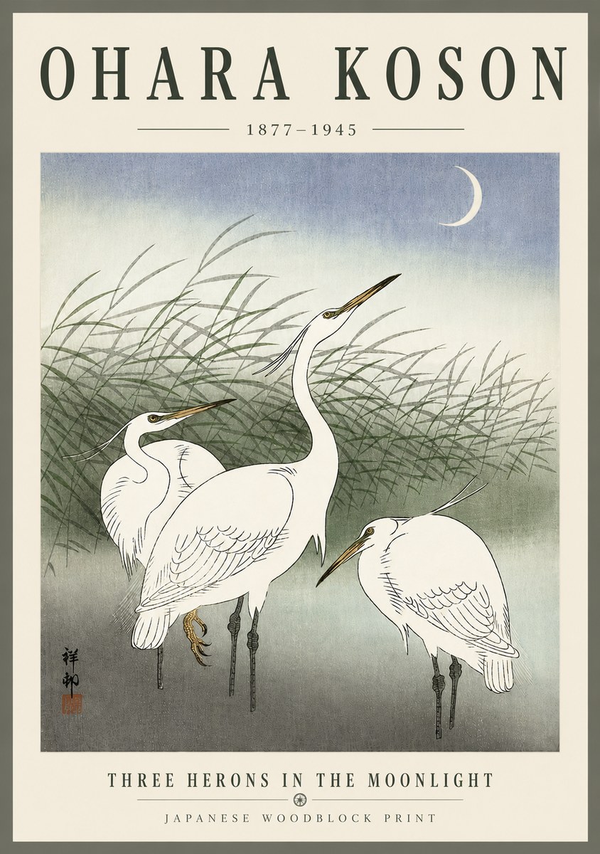 Ohara Koson Three Herons in the Moonlight No6 - Poszter