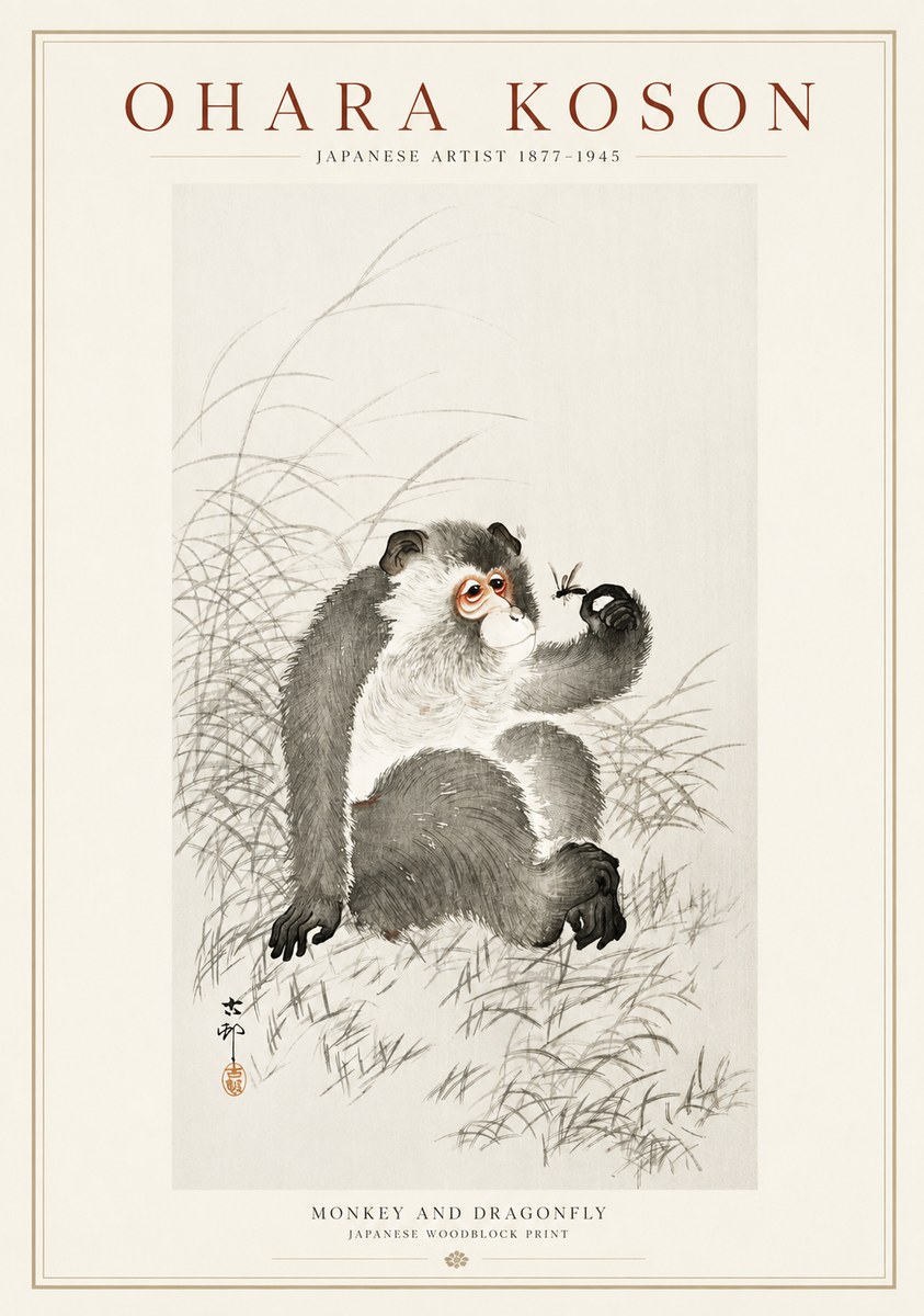 Ohara Koson Monkey and Dragonfly No1 - Poszter