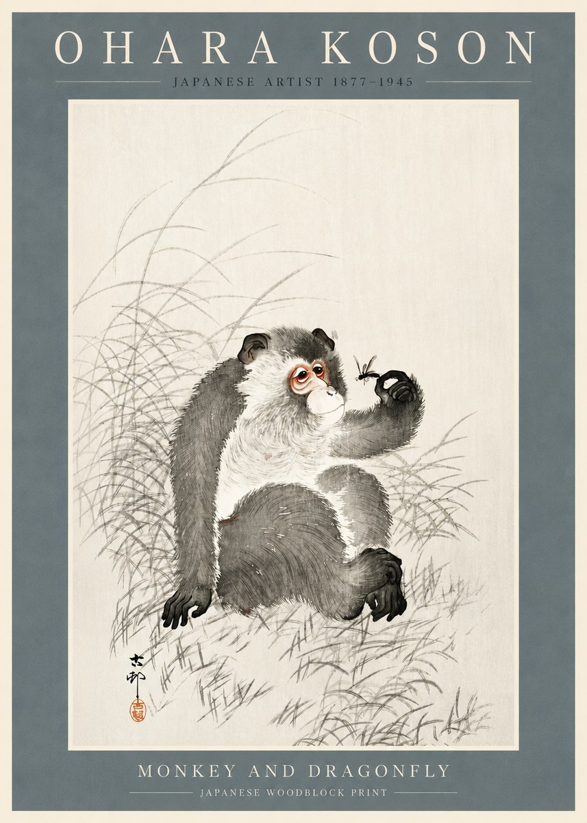 Ohara Koson Monkey and Dragonfly No2 - Poszter