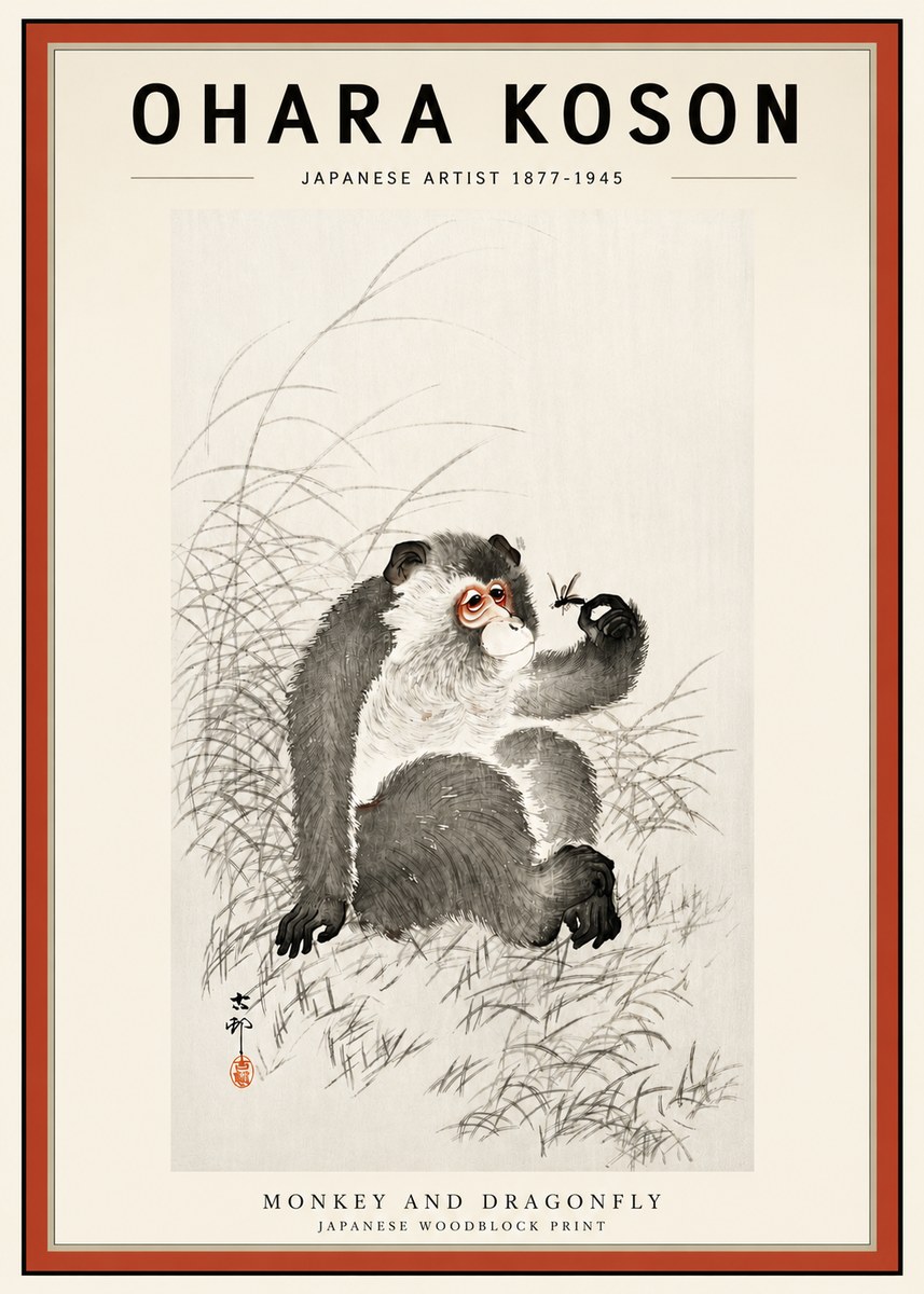 Ohara Koson Monkey and Dragonfly No3 - Poszter