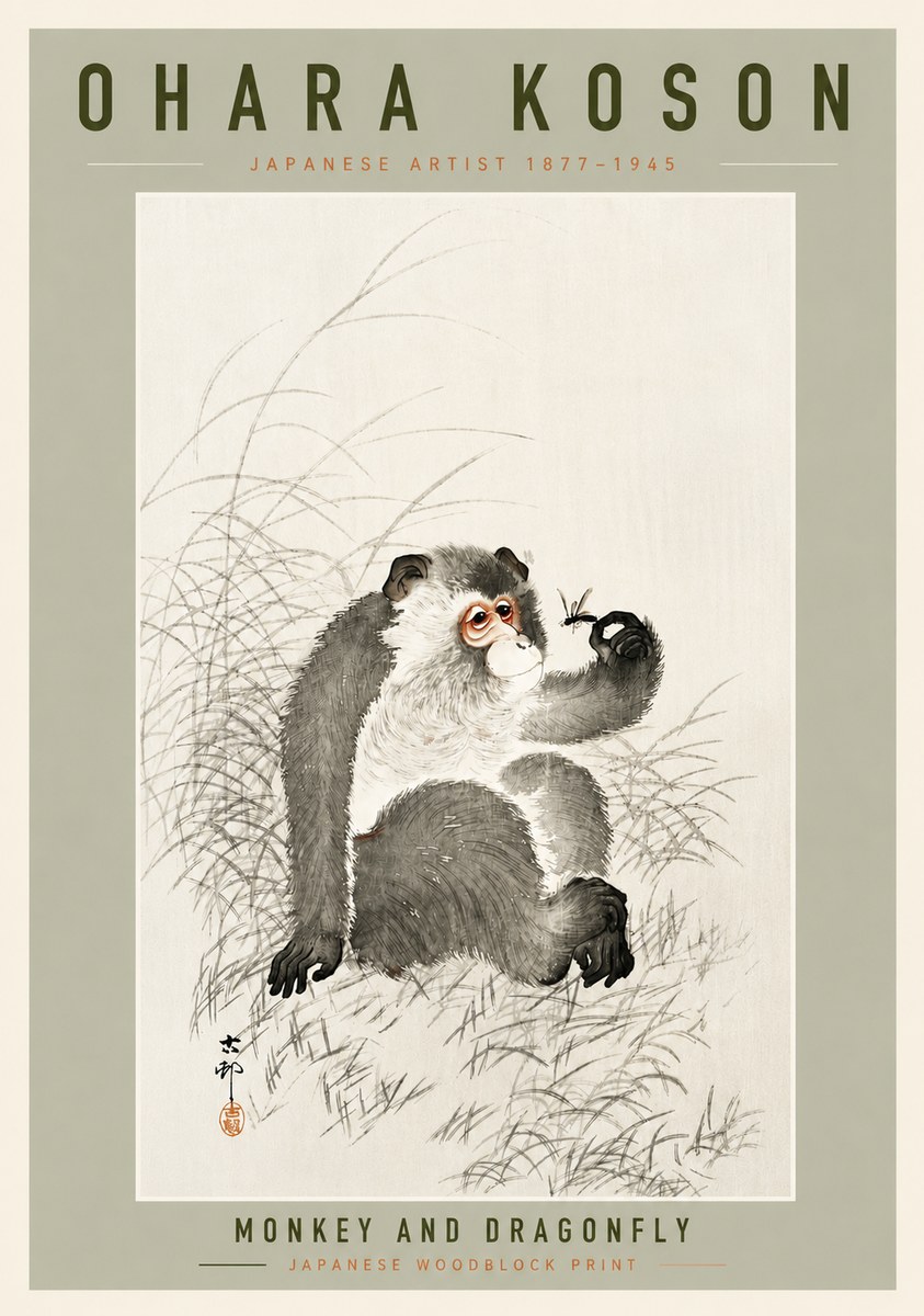 Ohara Koson Monkey and Dragonfly No4 - Poszter