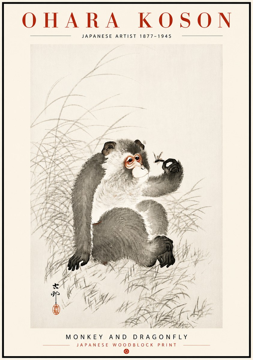 Ohara Koson Monkey and Dragonfly No6 - Poszter