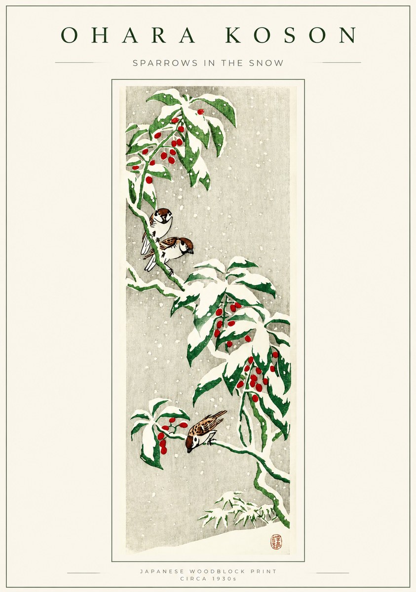 Ohara Koson Sparrows in the Snow No1 - Poszter
