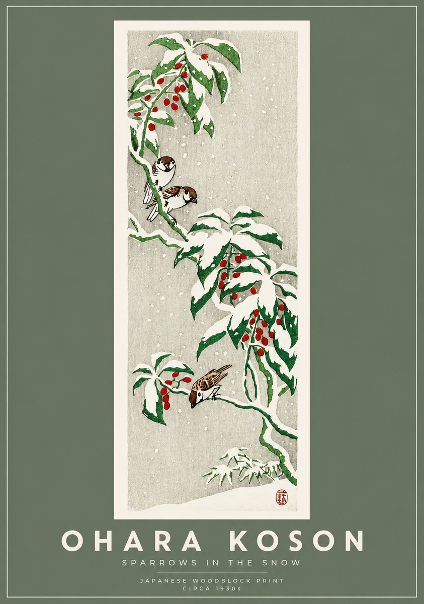 Ohara Koson Sparrows in the Snow No2 - Poszter