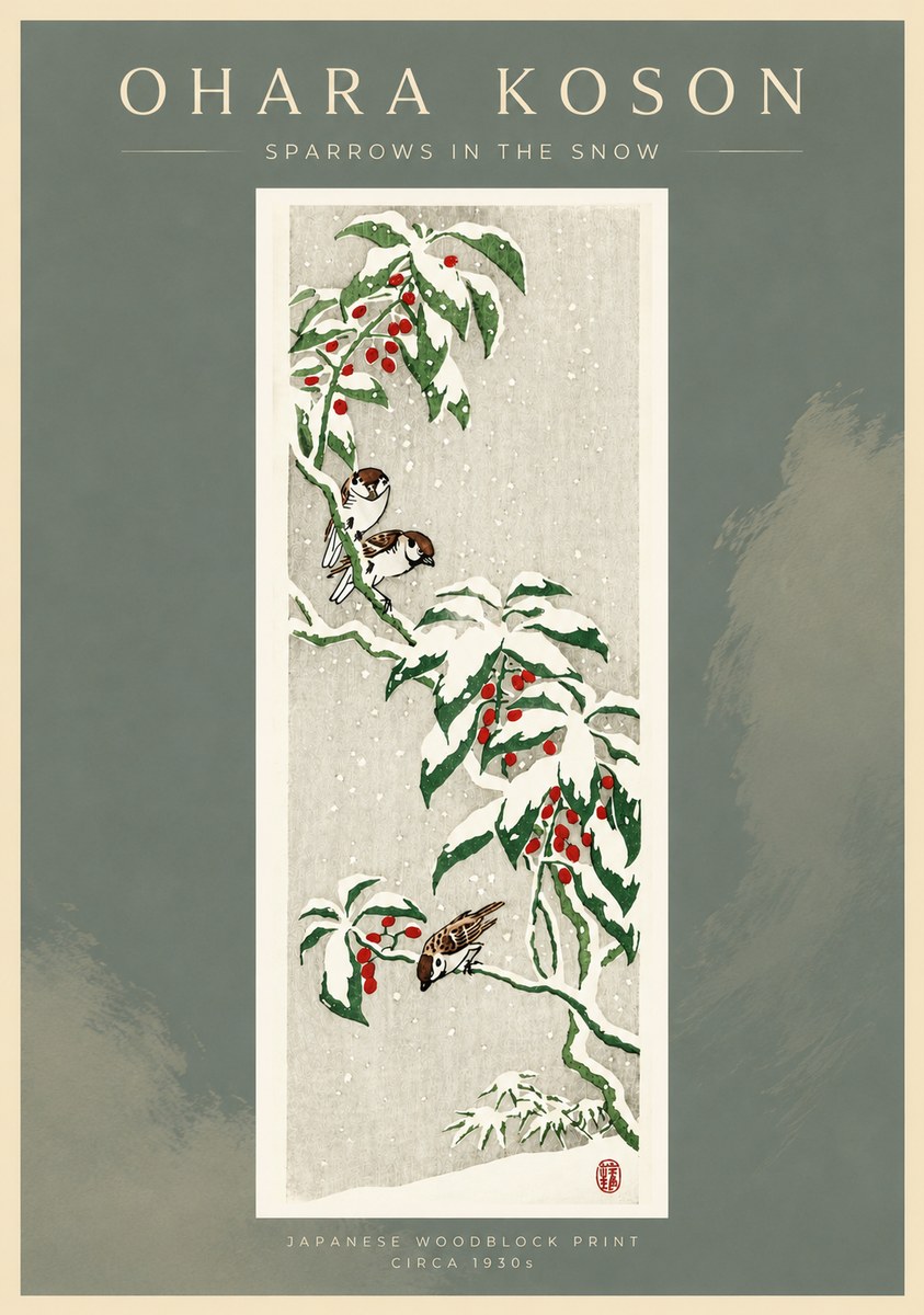 Ohara Koson Sparrows in the Snow No4 - Poszter
