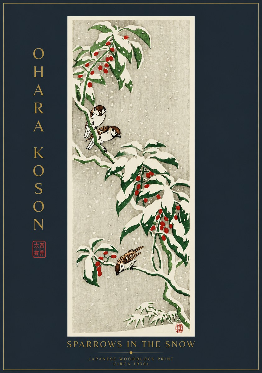 Ohara Koson Sparrows in the Snow No6 - Poszter