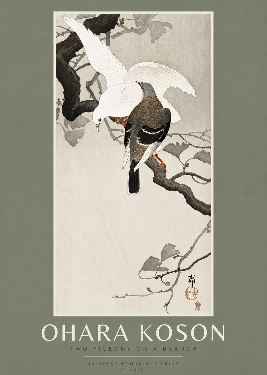 Ohara Koson Two Pigeons on a Branch No2 - Poszter