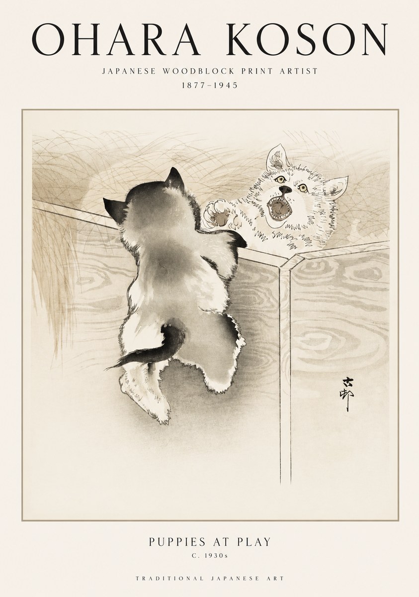 Ohara Koson Puppies at Play No1 - Poszter