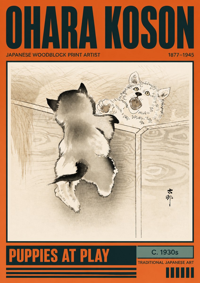 Ohara Koson Puppies at Play No2 - Poszter