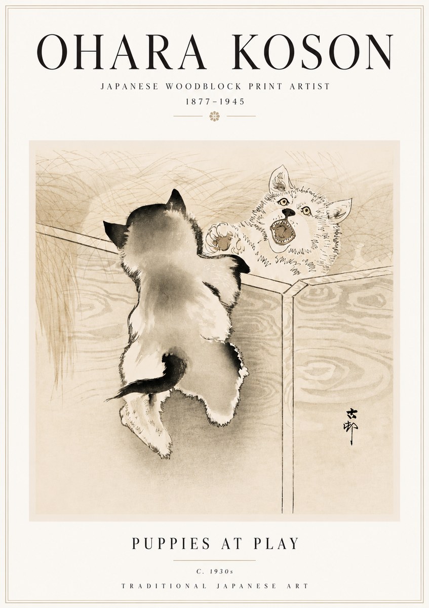 Ohara Koson Puppies at Play No5 - Poszter