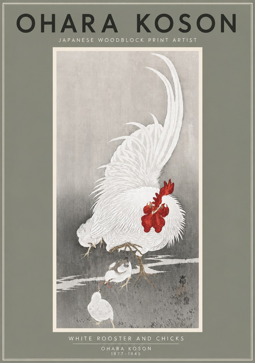 Ohara Koson White Rooster and Chicks No4 - Poszter