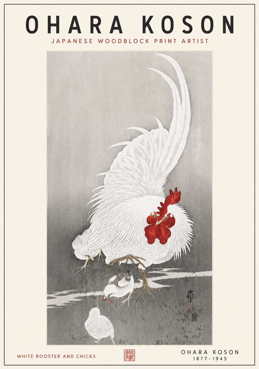 Ohara Koson White Rooster and Chicks No6 - Poszter