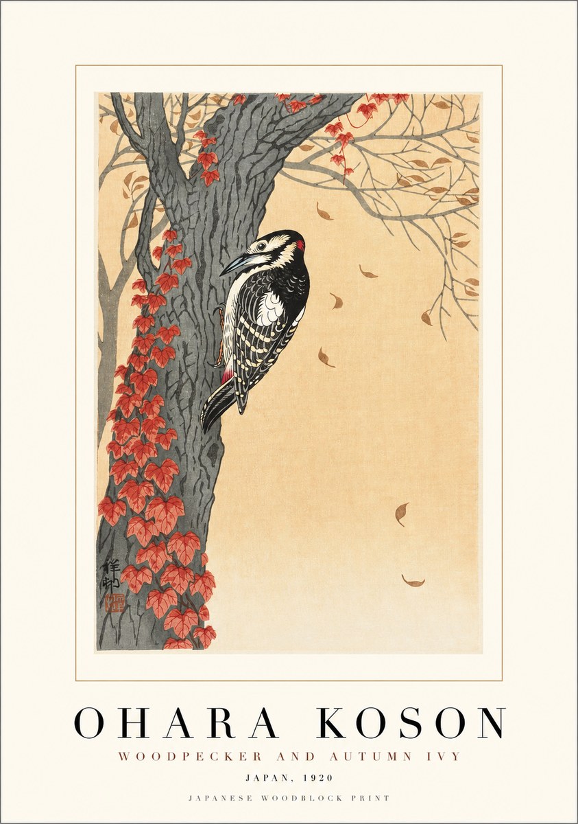 Ohara Koson Woodpecker and Autumn Ivy No1 - Poszter