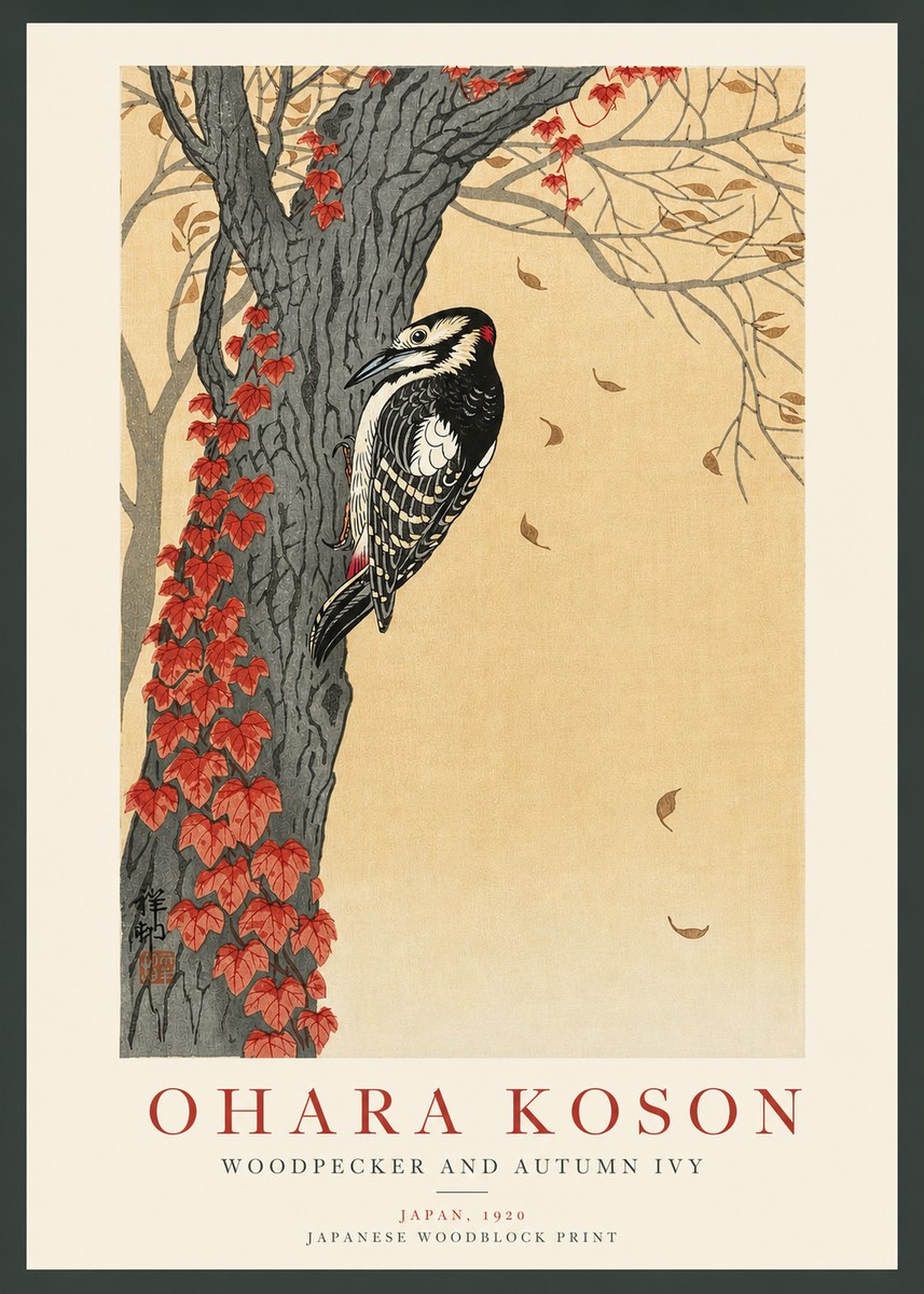Ohara Koson Woodpecker and Autumn Ivy No3 - Poszter