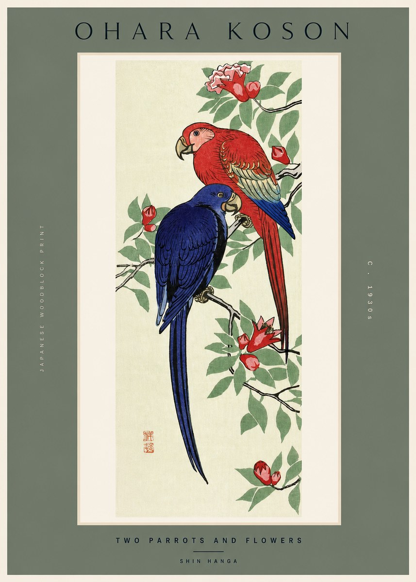Ohara Koson Two Parrots and Flowers No2 - Poszter