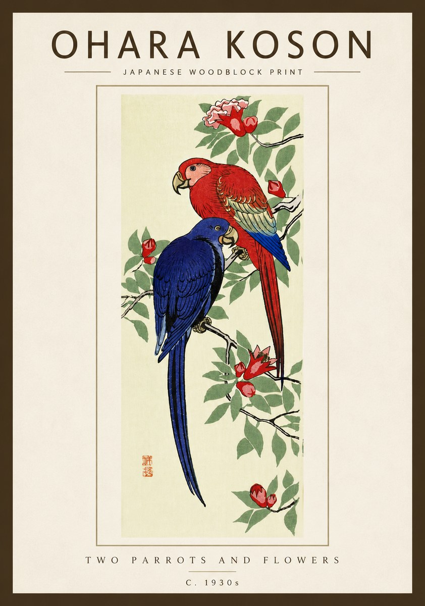 Ohara Koson Two Parrots and Flowers No5 - Poszter