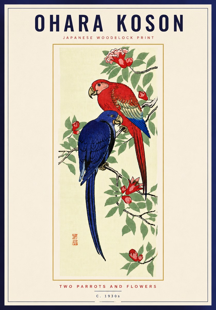 Ohara Koson Two Parrots and Flowers No6 - Poszter
