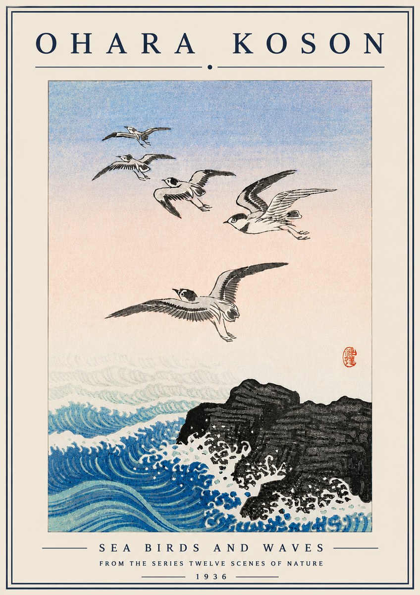 Ohara Koson Sea Birds and Waves No6 - Poszter