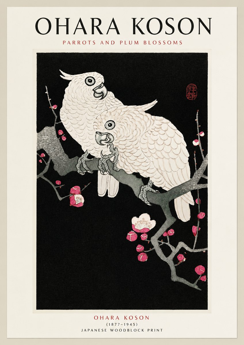 Ohara Koson Parrots and Plum Blossoms No1 - Poszter