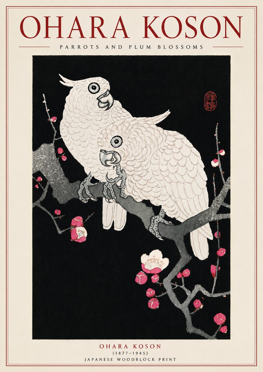 Ohara Koson Parrots and Plum Blossoms No5 - Poszter