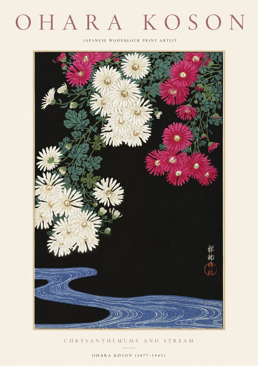 Ohara Koson Chrysanthemums and Stream No1 - Poszter