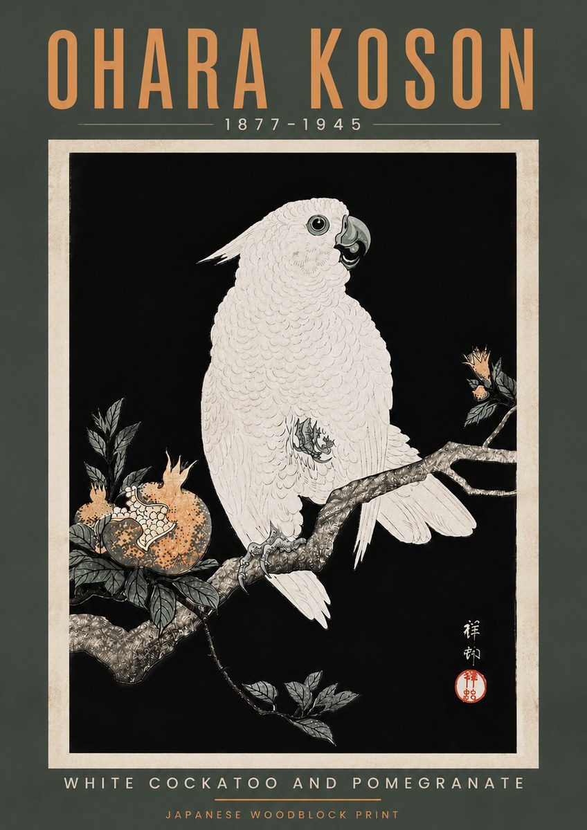 Ohara Koson White Cockatoo and Pomegranate II No5 - Poszter