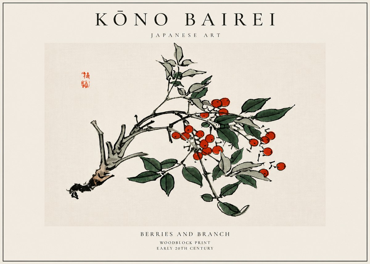 Kōno Bairei Berries and Branch No3 - Poszter
