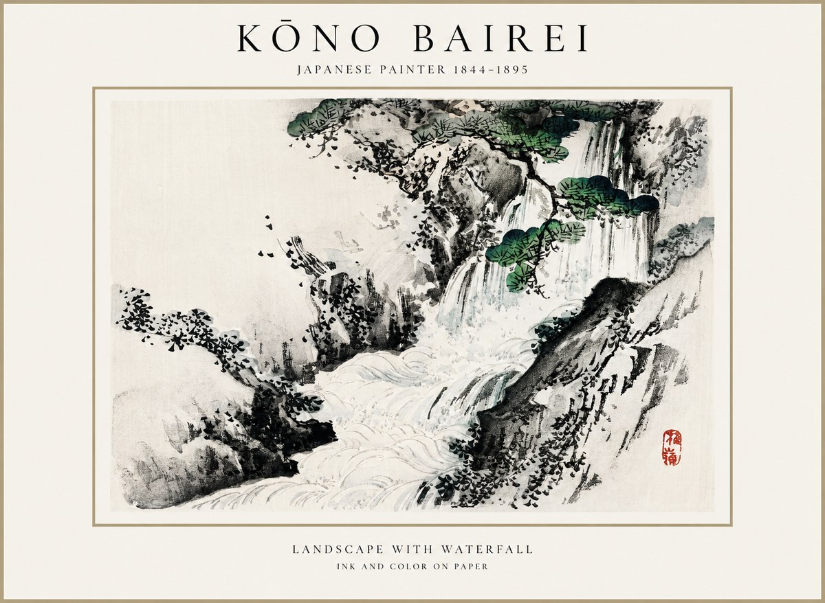 Kōno Bairei Landscape with Waterfall No1 - Poszter