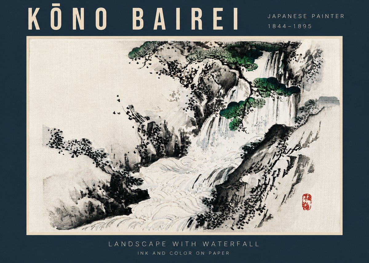 Kōno Bairei Landscape with Waterfall No4 - Poszter