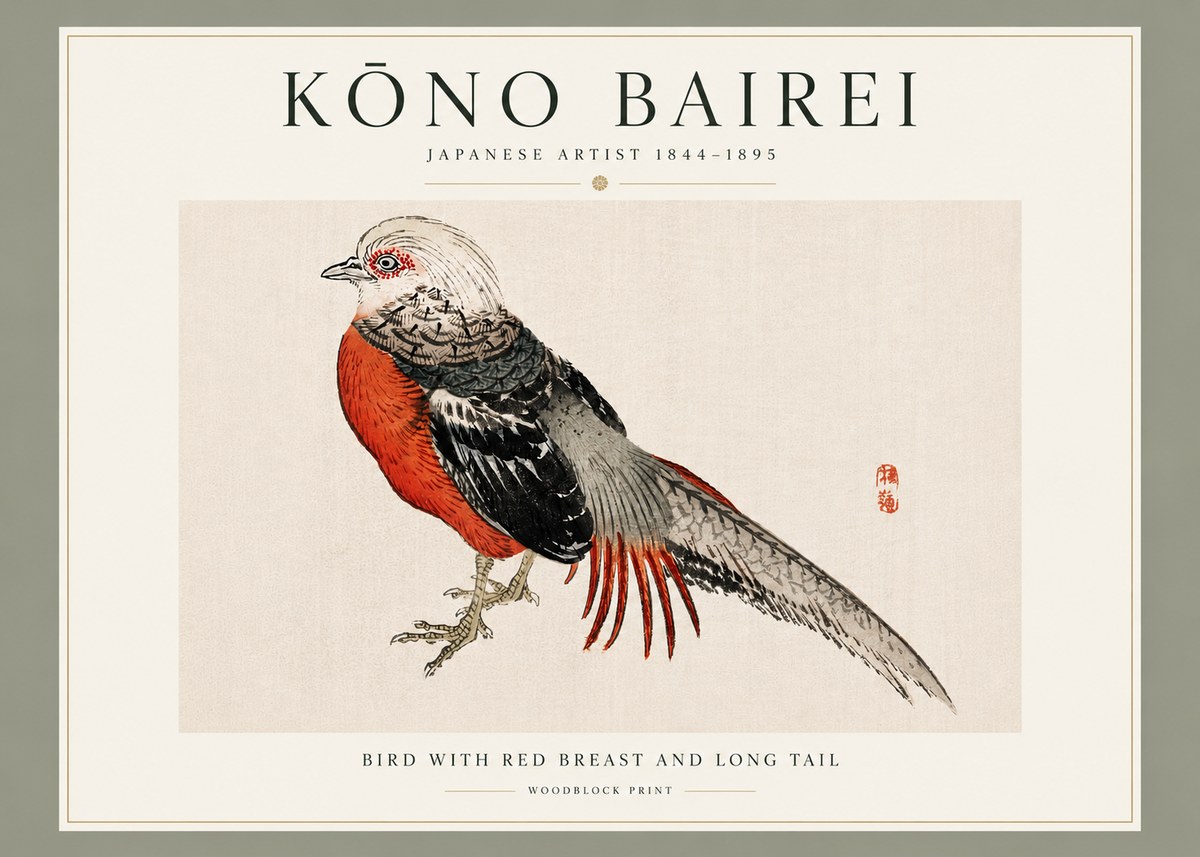 Kōno Bairei Bird with Red Breast and Long Tail No3 - Poszter