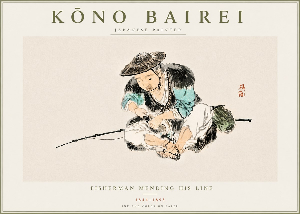 Kōno Bairei Fisherman Mending His Line No5 - Poszter