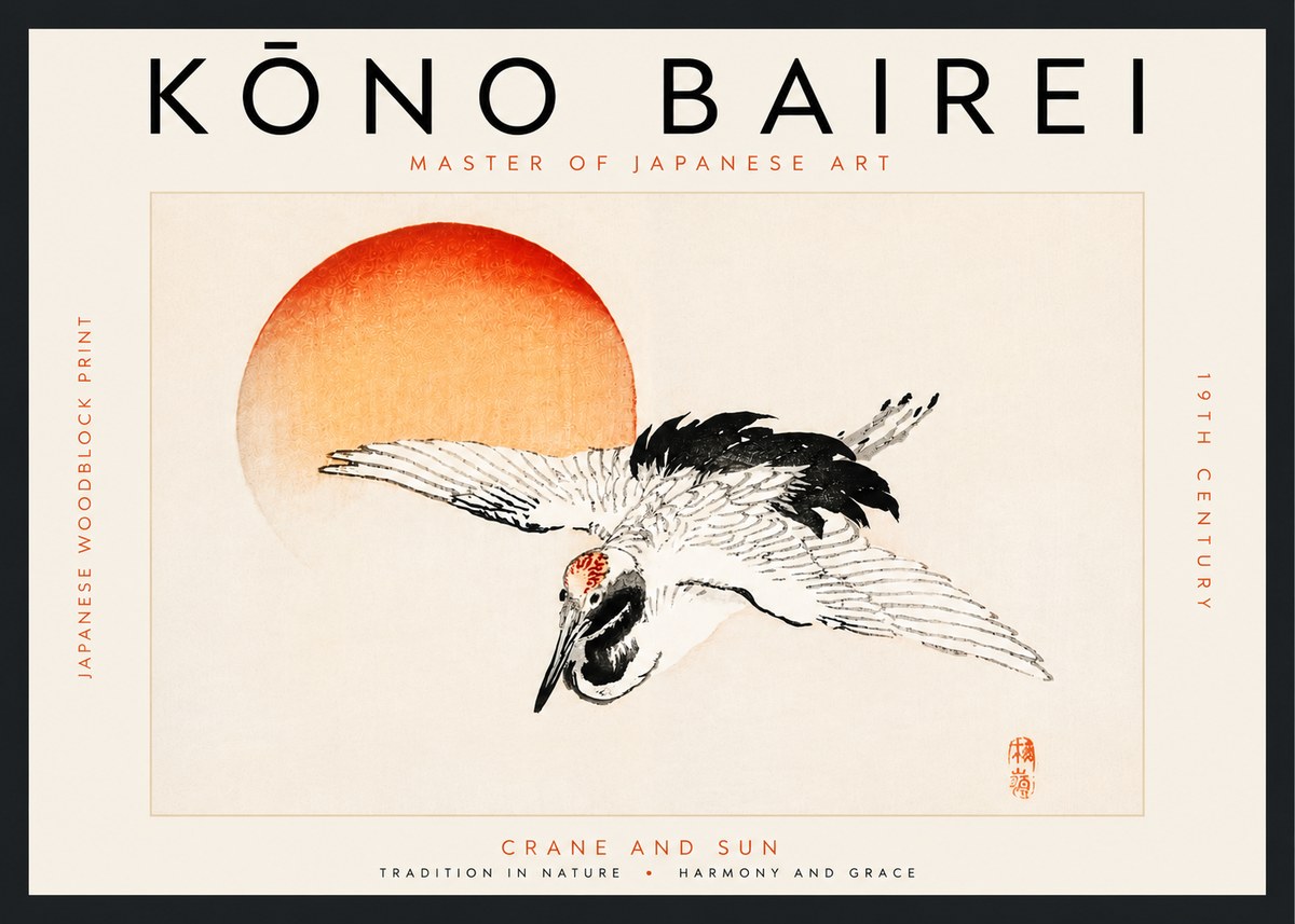 Kōno Bairei Crane and Sun No6 - Poszter