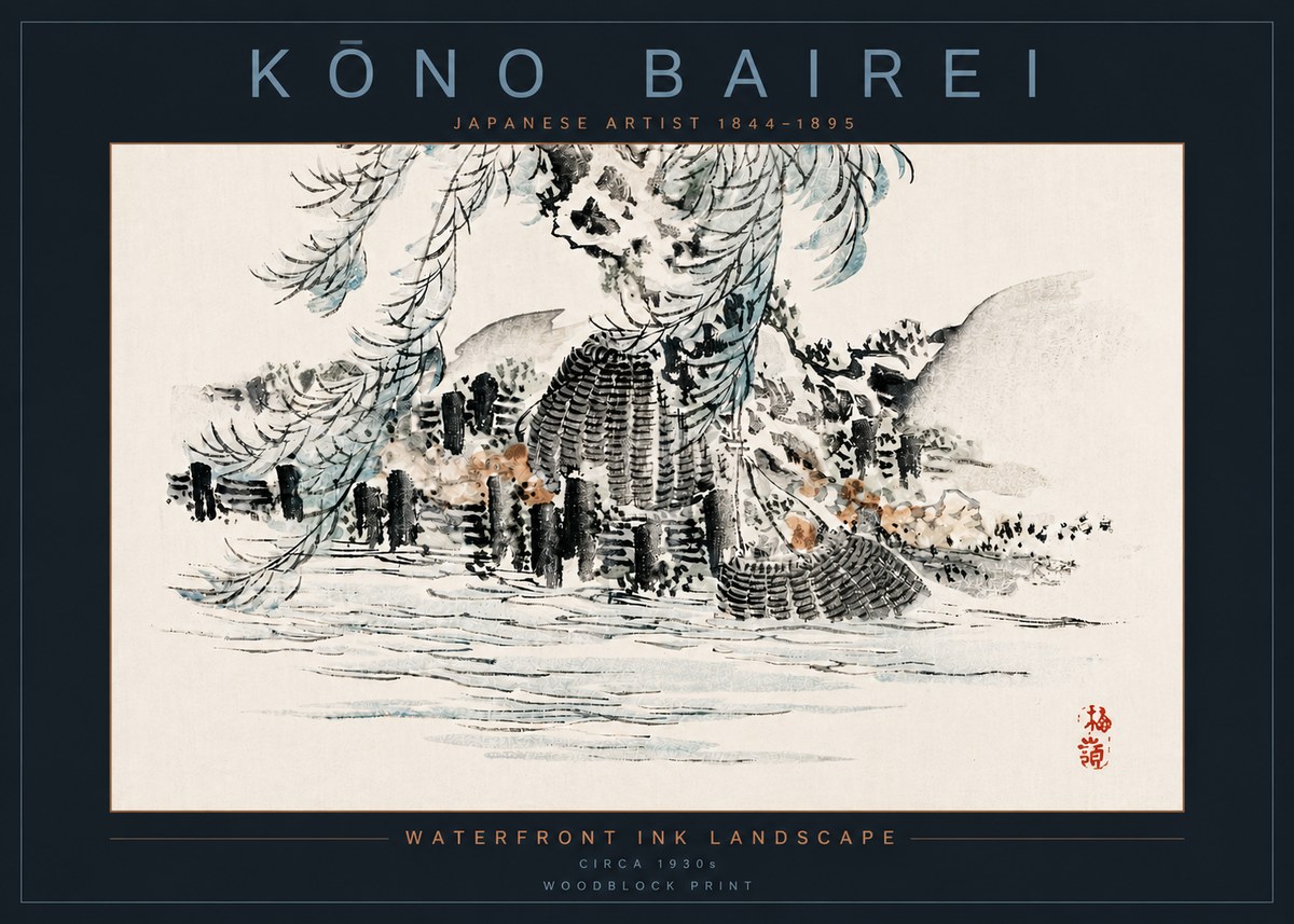 Kōno Bairei Waterfront Ink Landscape No4 - Poszter
