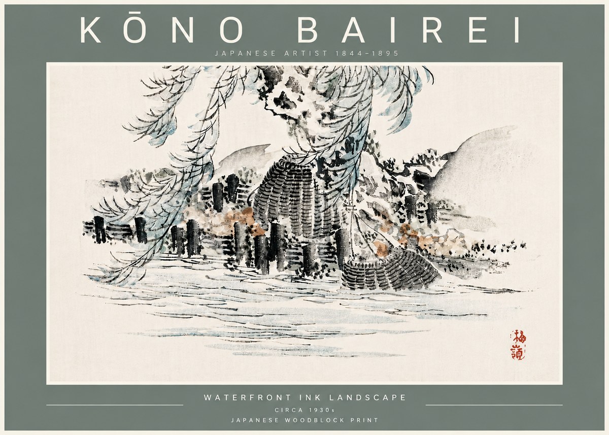 Kōno Bairei Waterfront Ink Landscape No5 - Poszter