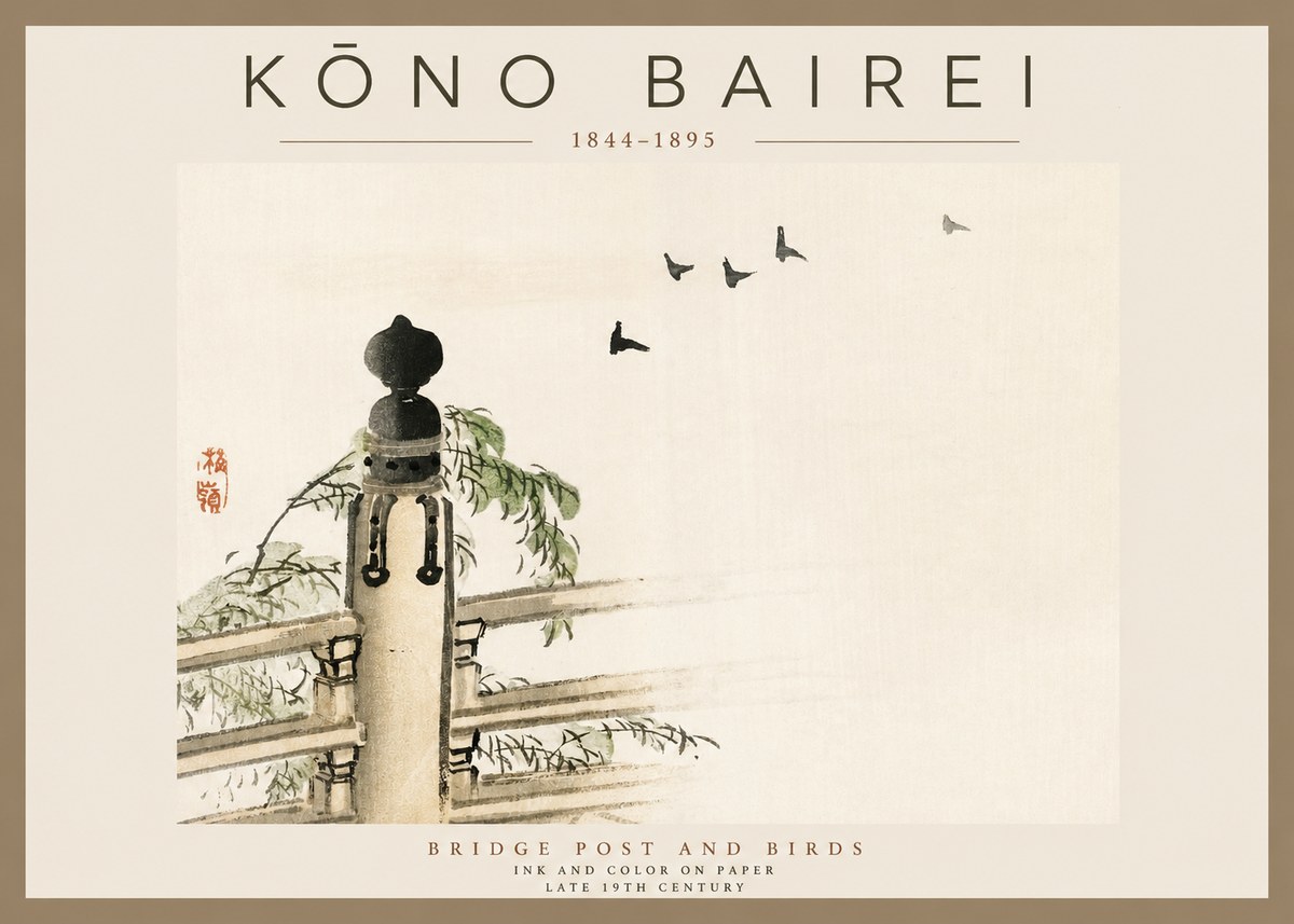 Kōno Bairei Bridge Post and Birds No2 - Poszter