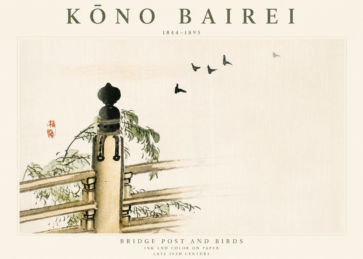 Kōno Bairei Bridge Post and Birds No3 - Poszter