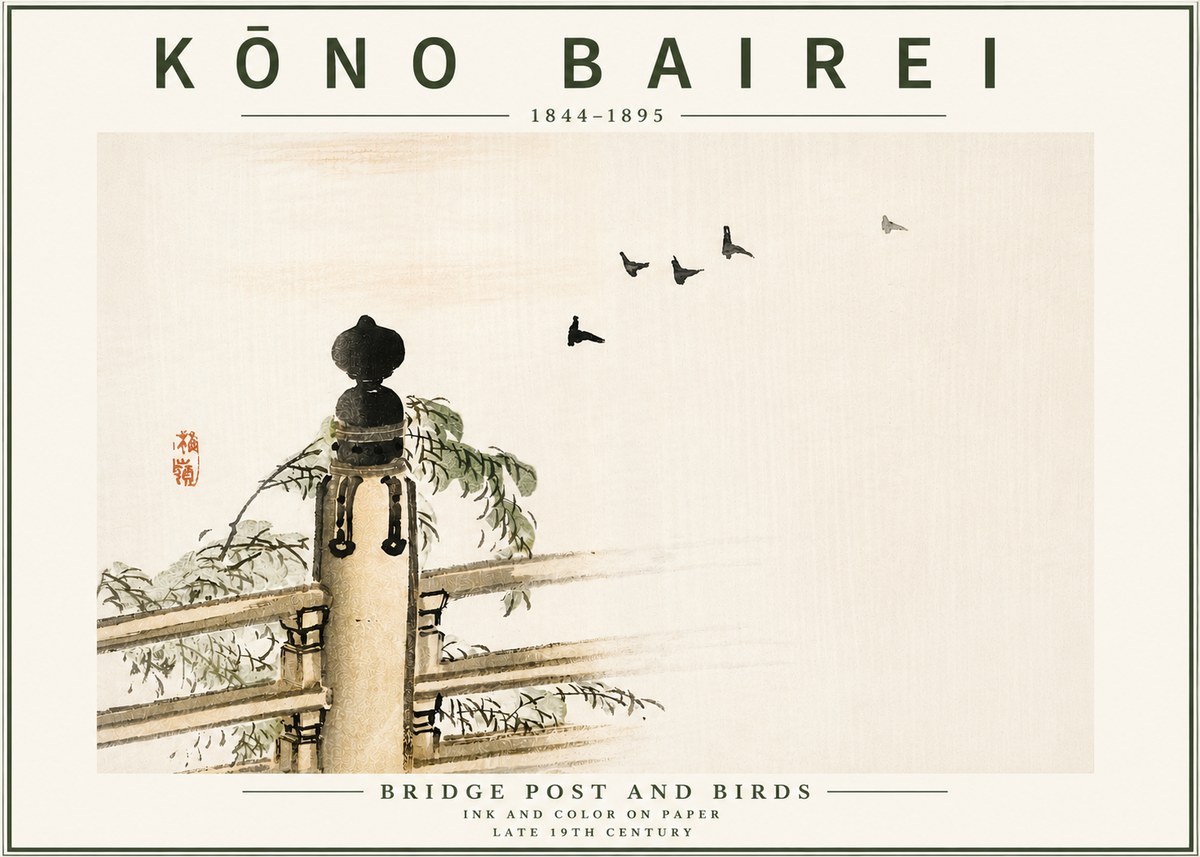 Kōno Bairei Bridge Post and Birds No5 - Poszter