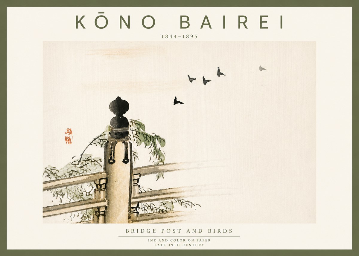 Kōno Bairei Bridge Post and Birds No6 - Poszter