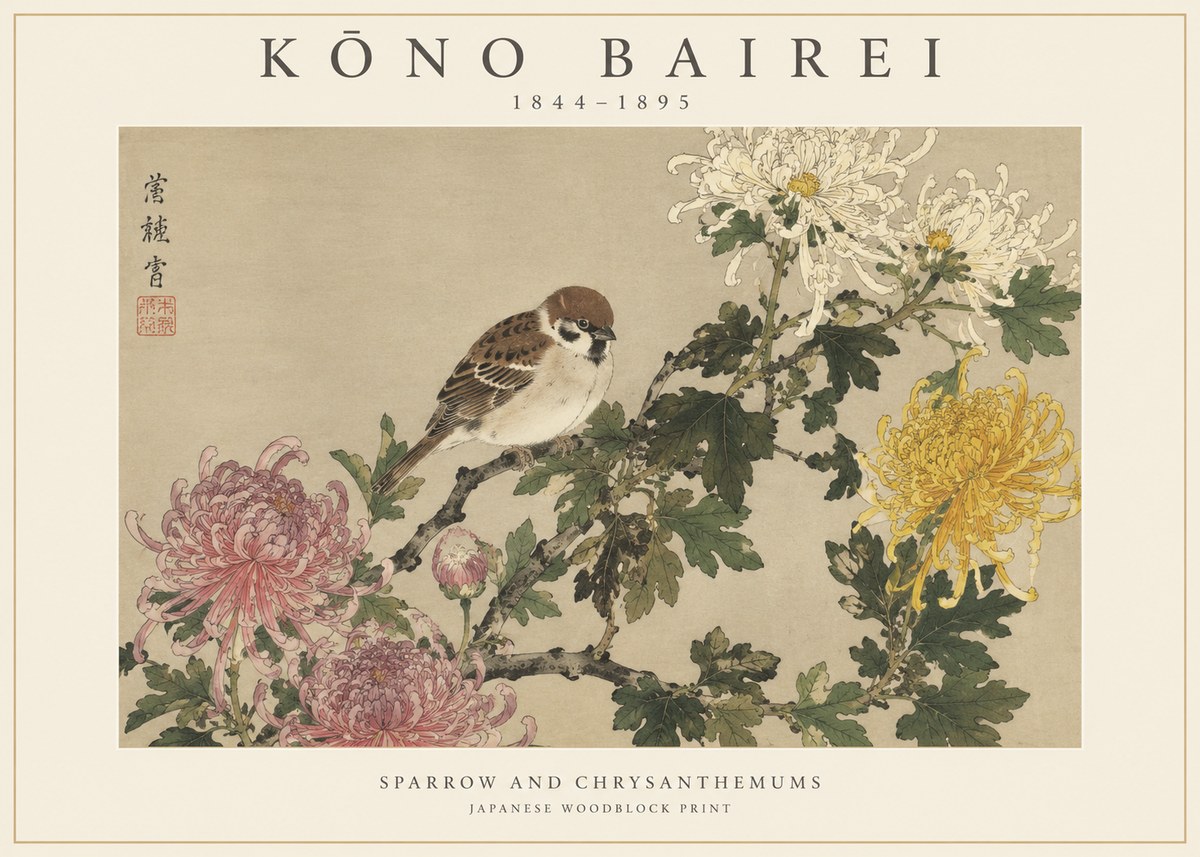 Kōno Bairei Sparrow and Chrysanthemums No1 - Poszter