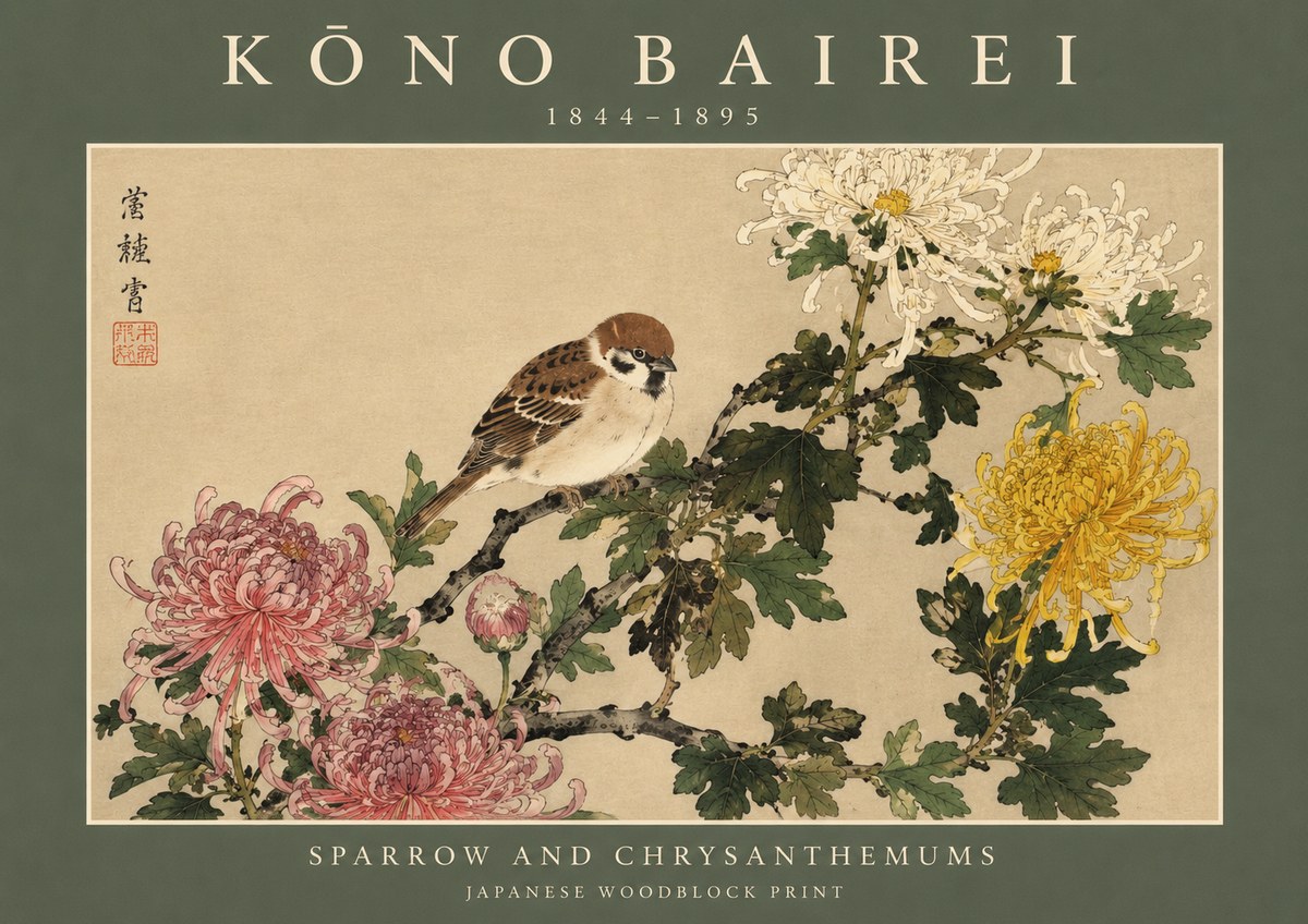 Kōno Bairei Sparrow and Chrysanthemums No2 - Poszter
