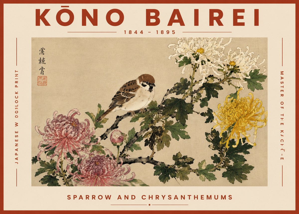 Kōno Bairei Sparrow and Chrysanthemums No6 - Poszter