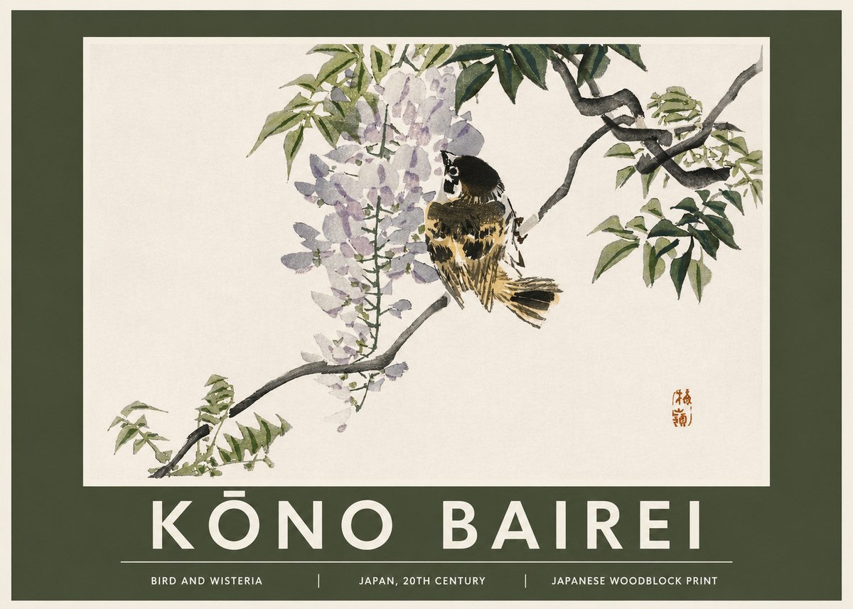 Kōno Bairei Wisteria and Bird No3 - Poszter